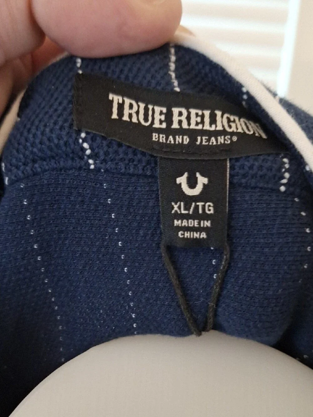 True Religion Navy Pinstripe Baseball Jersey with White Logo Panels